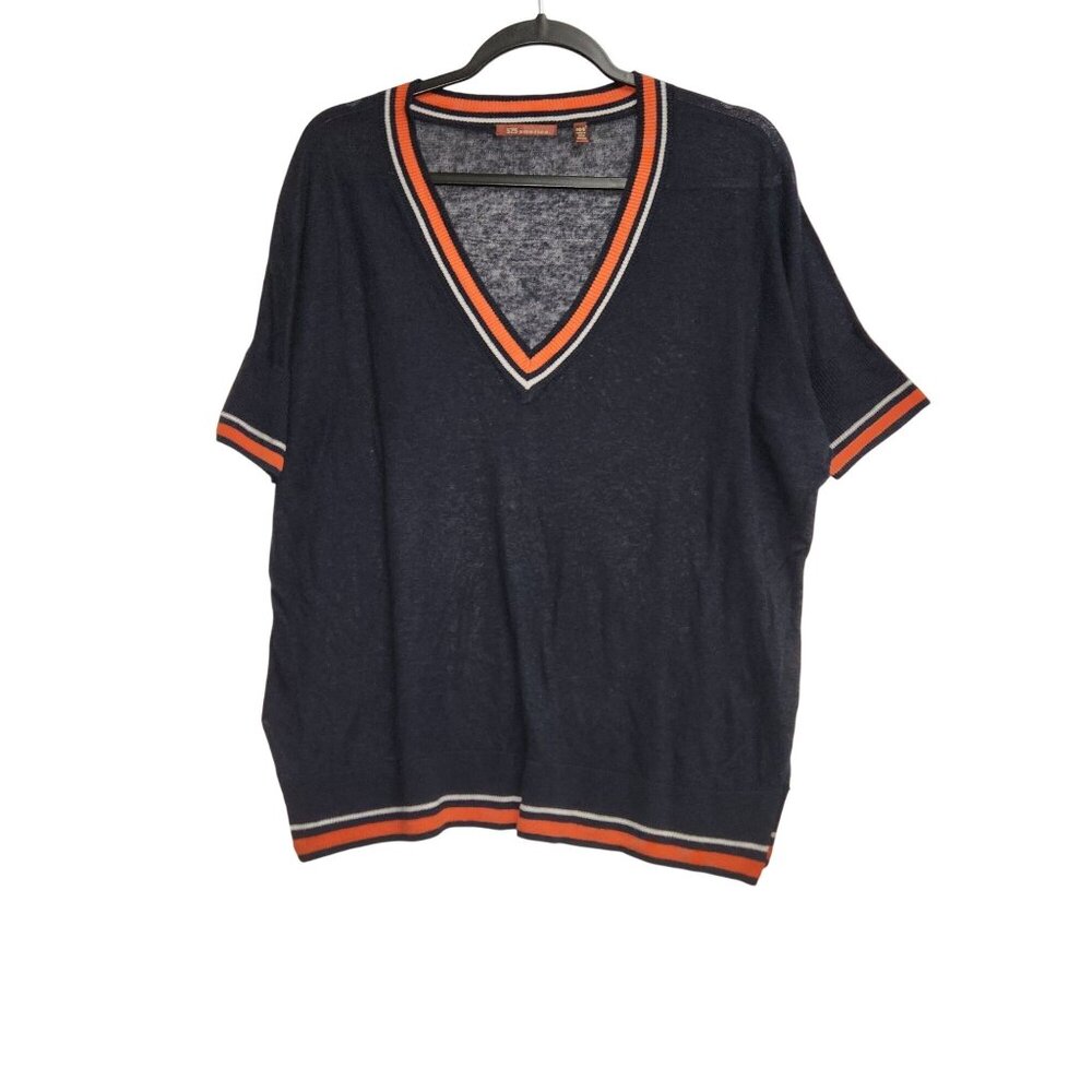 525 America Navy V-Neck SweaterStriped Trim XS/S Womens Linen/Viscose 2382